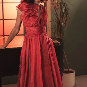 MAC DUGGAL 49494 SLEEVELESS CHIFFON A-LINE TEA LENGTH WINE GOWN sz 14